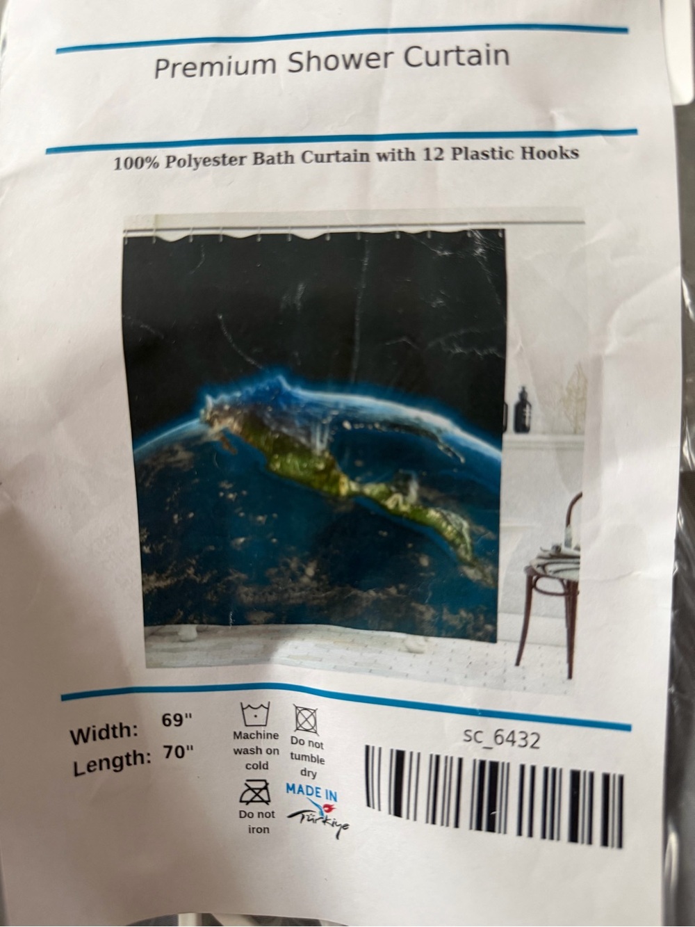 Premium shower curtain with hooks- Blue Earth Design